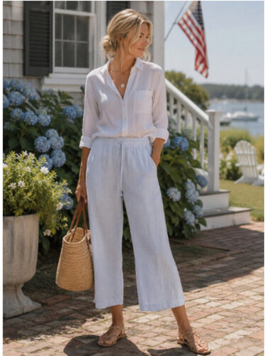 Joie Pants - Joie M Pastel Blue 100% Linen Wide Leg Pull-on Cropped Pants Beach Coastal Resor